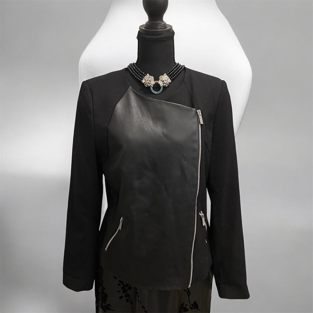 Calvin Klein Black Leather Jacket with Moto Asymmetrical Zipper Size 8